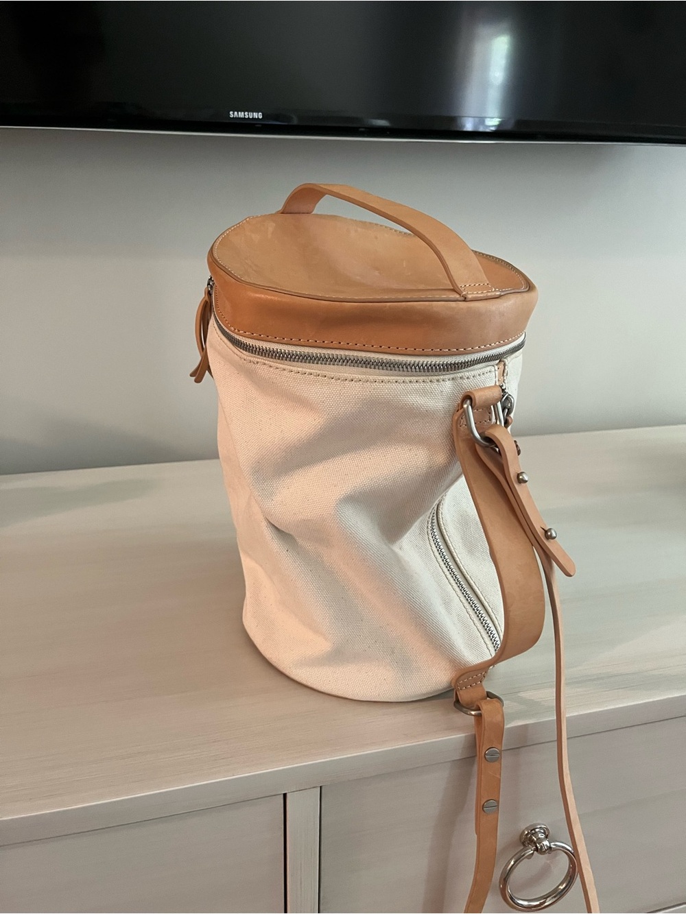 Skagen Cream Canvas and Tan Leather Crossbody Bucket Bag